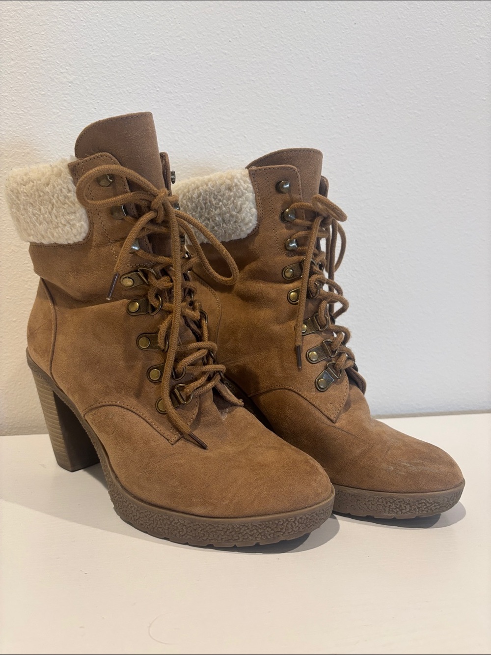 Brash Tan Suede Lace-Up Shearling Cuff Heeled Ankle Boots